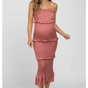 PinkBlush Maternity Mauve Satin Smocked Fitted Maternity Midi Dress